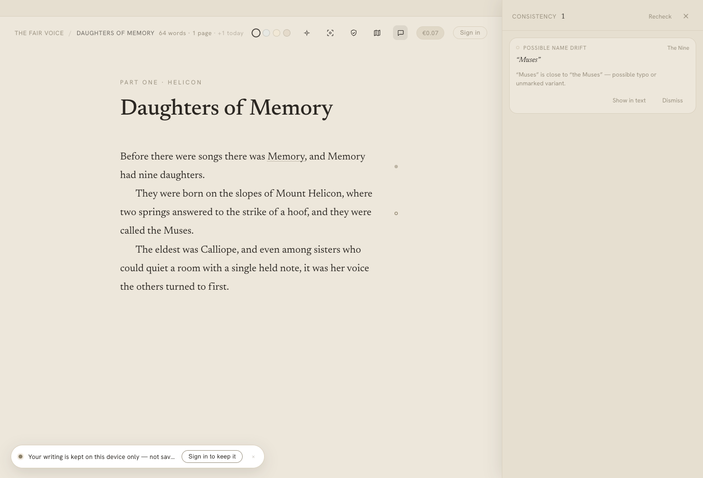 A consistency check flagging a possible name drift, anchored to the prose, with show-in-text and dismiss.