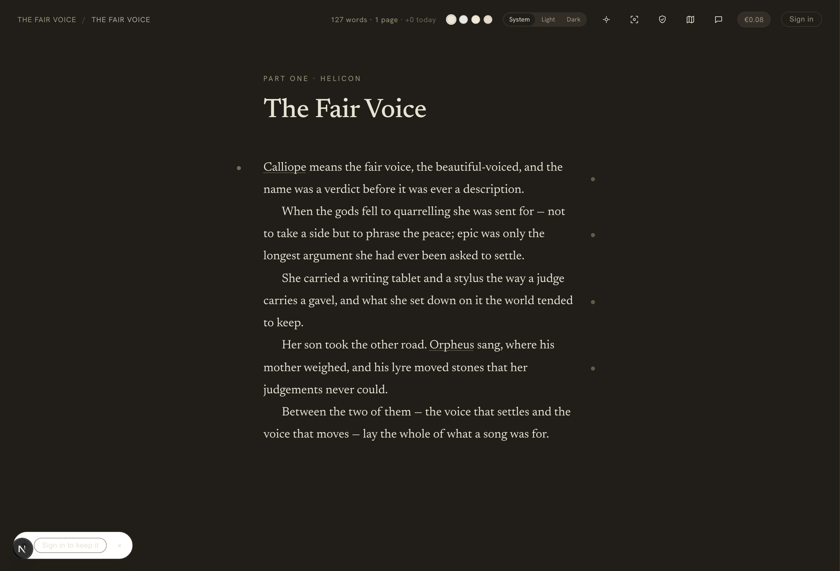 The writing canvas in dark mode with focus mode narrowing the page to one line