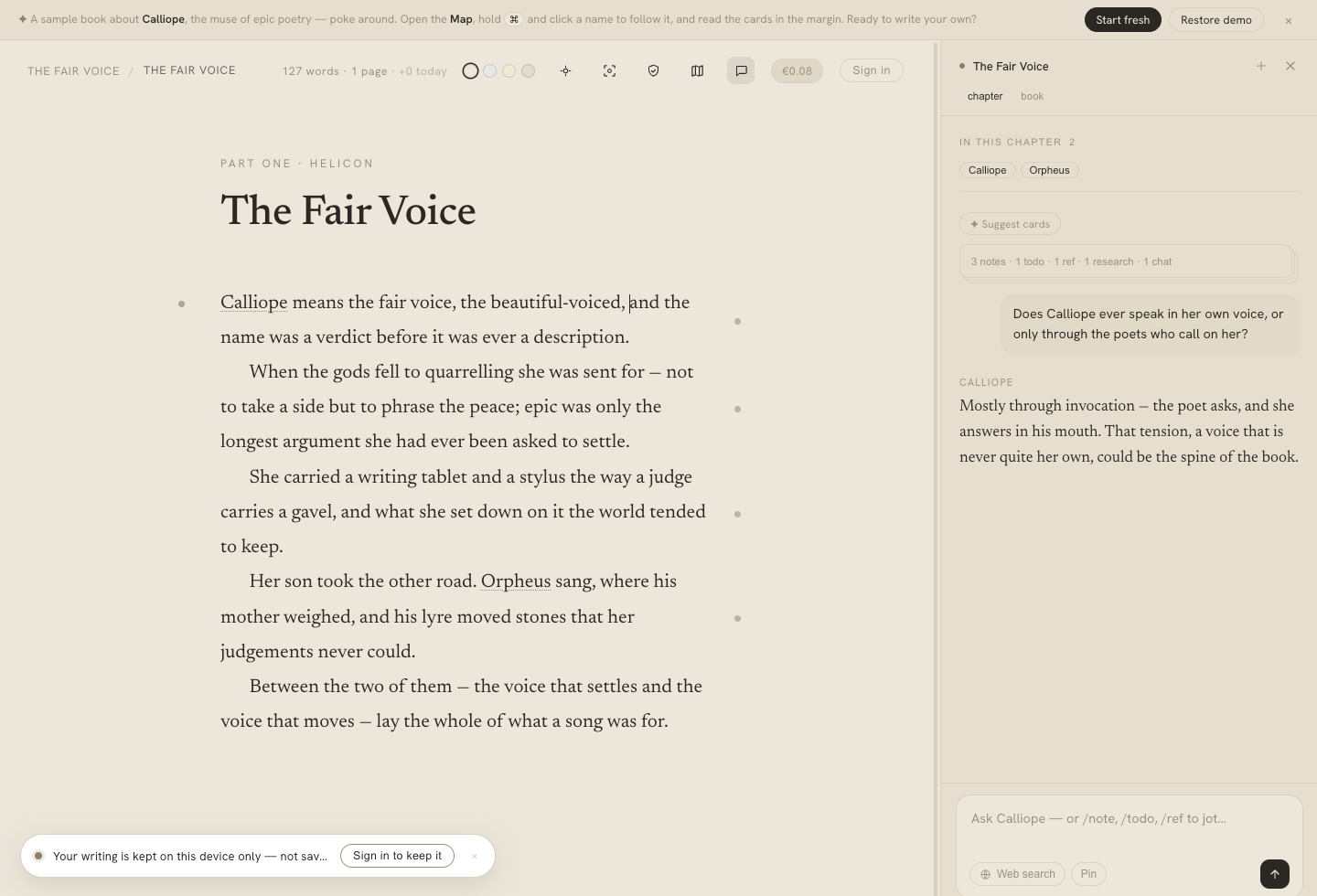 The Calliope editor with its AI companion in the margin, answering a question about the story — never writing the prose.