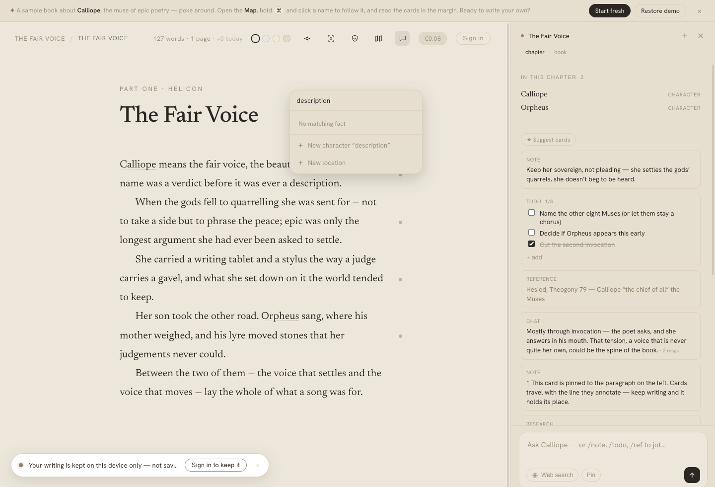 The distraction-free editor, turning a name in the prose into canon inline without leaving the page.