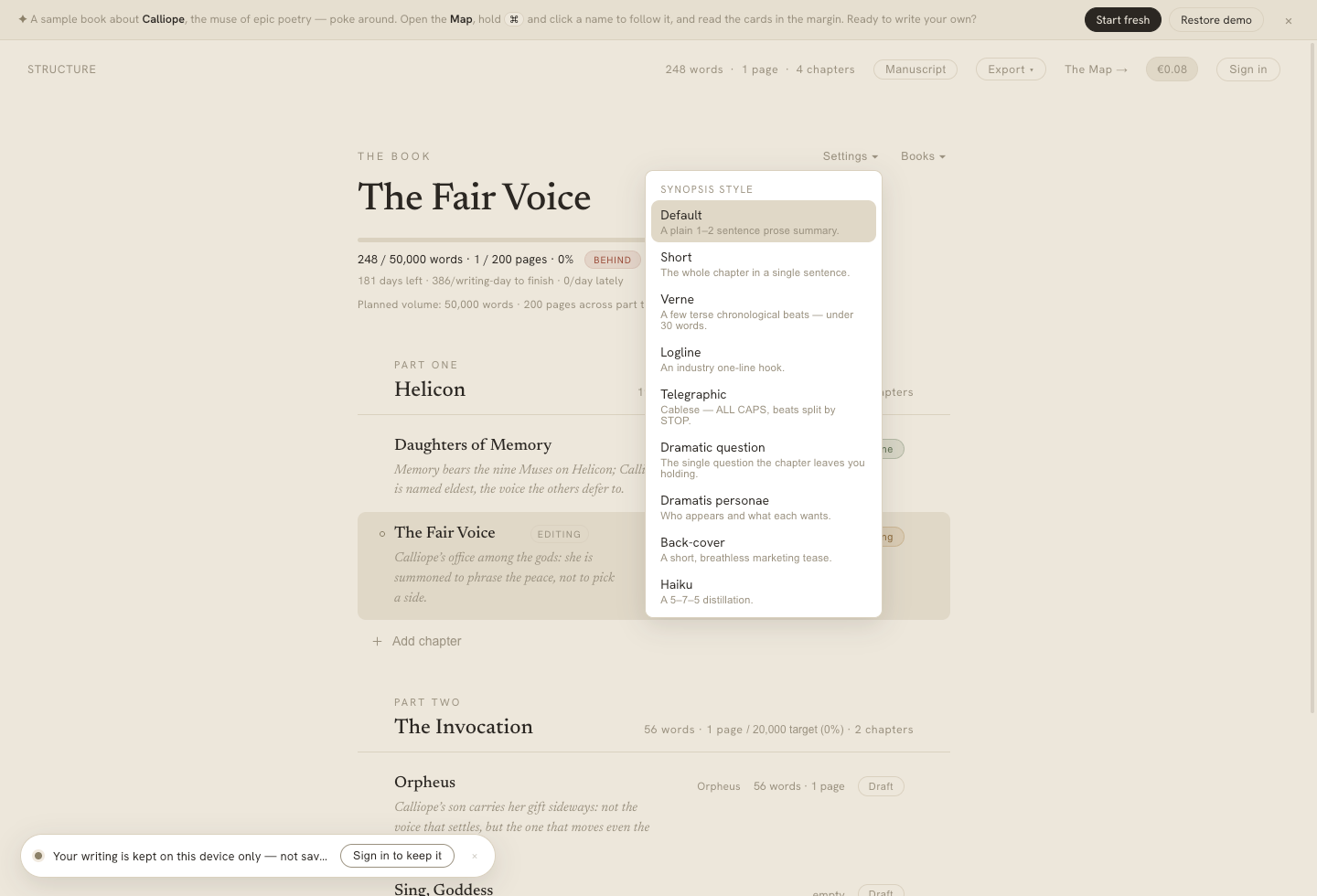 The structure view — parts, chapters, statuses, synopsis styles, and an Export menu.