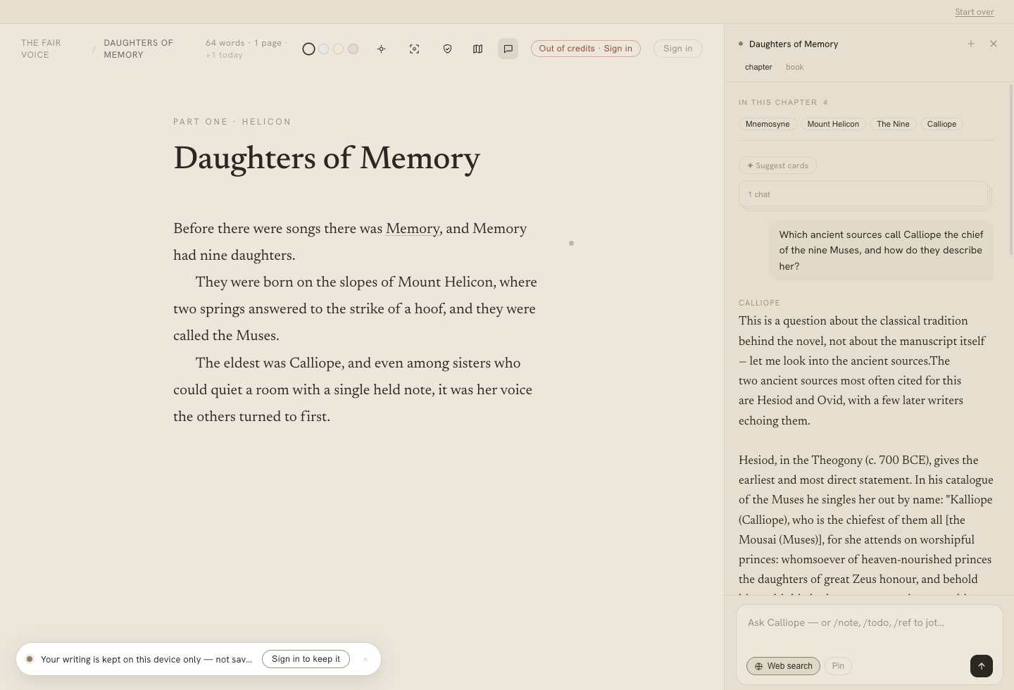 Calliope researching ancient sources with web search — citing Hesiod and Ovid — in the margin beside the prose.